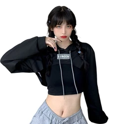 With Hat Women Long Sleeve Cropped Super-Crop Top Hoodies Sweatshirt Aesthetic Punk Hip-Hop Dance Sexy Rave Clothes for Women