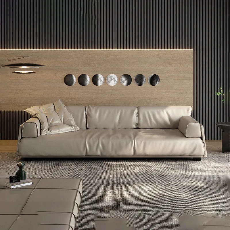 

Italian light luxury leather sofa straight row three people first layer cowhide Italian simplicity