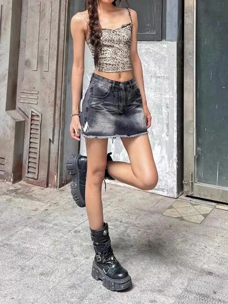 ReddaChic Denim noir femmes jupe moulante rétro ruban poches faire vieux moustaches taille basse mince Mini jupe Grunge vêtements d'été