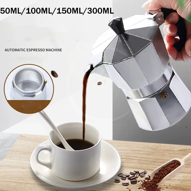 50ML/100ML/150ML/300ML Portable Moka Coffee Pot Italian Aluminum Moka Pot Octagonal Espresso Pot Outdoor Coffee Tool