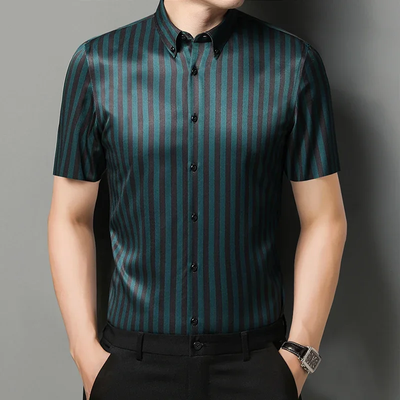 

BROWON Brand 2026 Summer Shorts Sleeve Shirts for Men Turn Down Collar Striped Design Party Easy-care Wedding Shirts for Men