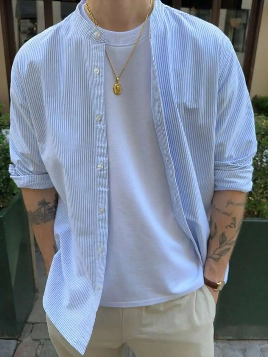 

Men's Light Blue Striped Button-Down Shirt, Casual Long Sleeve for Spring Summer