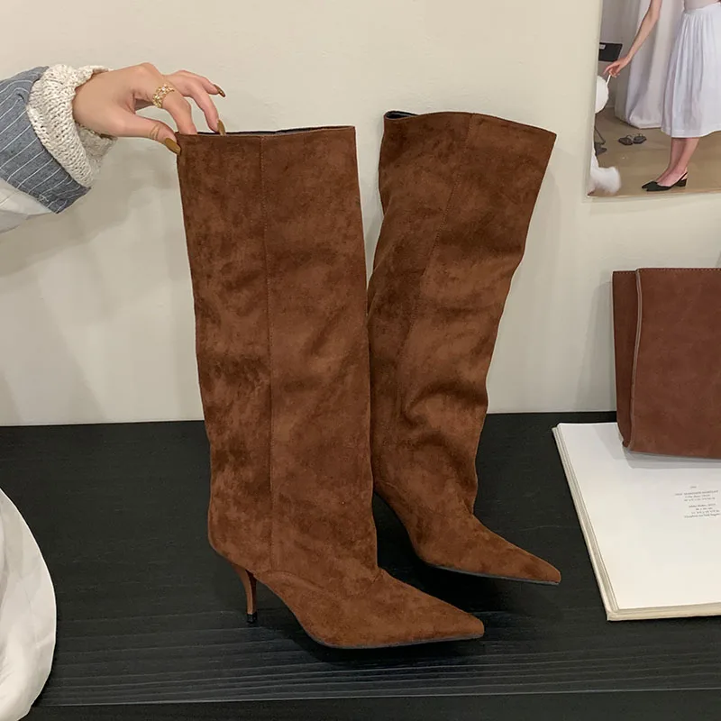 

Модные современные женские сапоги до колена с острым носком для вечеринок, женские туфли на тонком каблуке, женские длинные сапоги из флока, туфли без шнуровки, туфли-лодочки для женщин