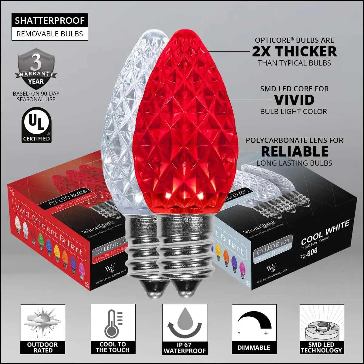 Set of 100 Red and Cool White Candy Cane C7 OptiCore Outdoor Christmas Lights - Commercial LED Bulbs on Heavy Duty 18 Gauge