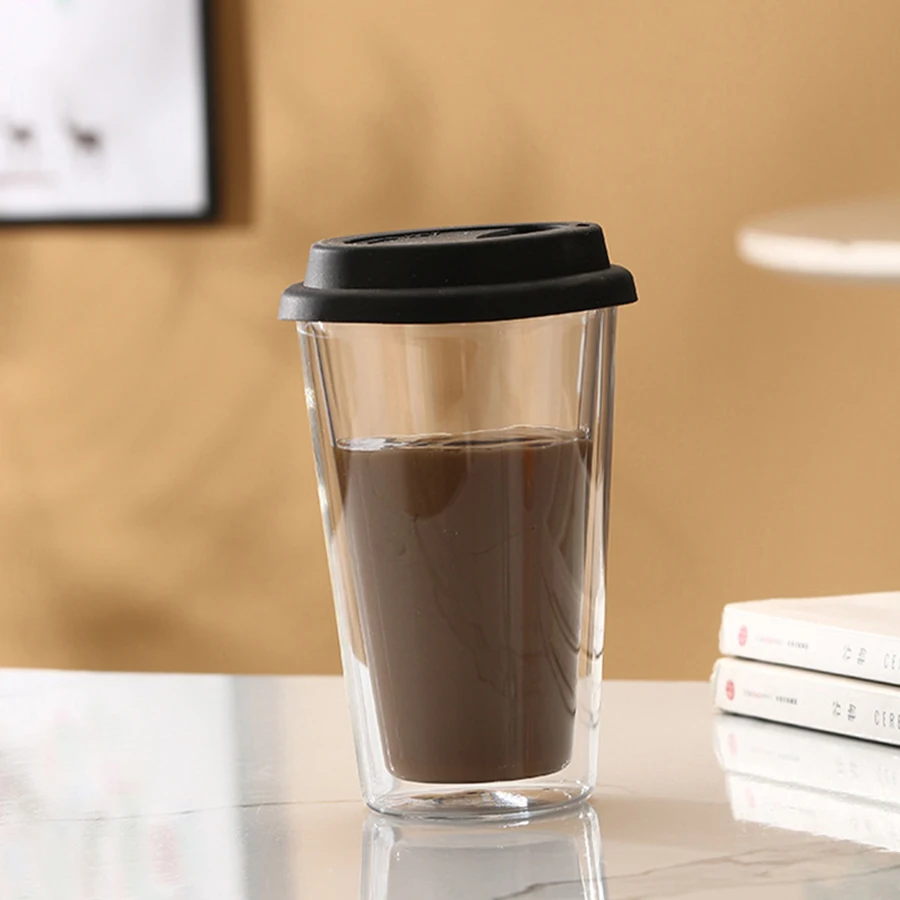 أكواب قهوة زجاجية مزدوجة الجدران مع أغطية سيليكون 350 مل/12 أونصة أكواب قهوة زجاجية قابلة لإعادة الاستخدام معزولة كوب أدوات للشرب الساخن/البارد #6