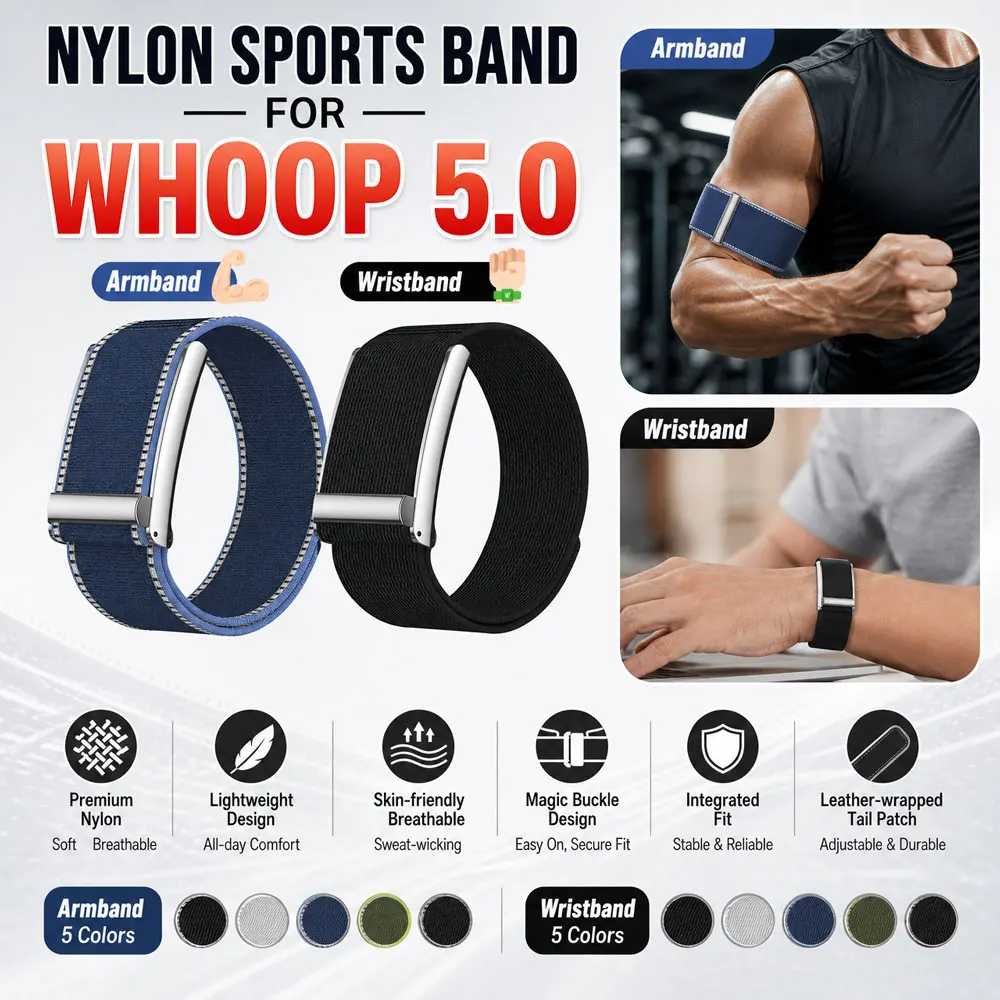 Full-Coverage Nylon Elastic Arm/Wrist Band for Whoop 5.0 Breathable Genuine Leather Hook-And-Loop Sport Strap Band for Whoop 5.0