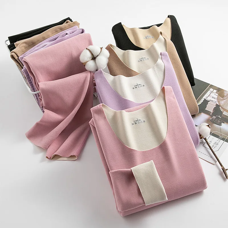 

1Set Winter Women Thermal Underwear Lady Long Sleeve Bottoming Tops Set Seamless Warm Lingerie Female Double-sided Sleepwear Set