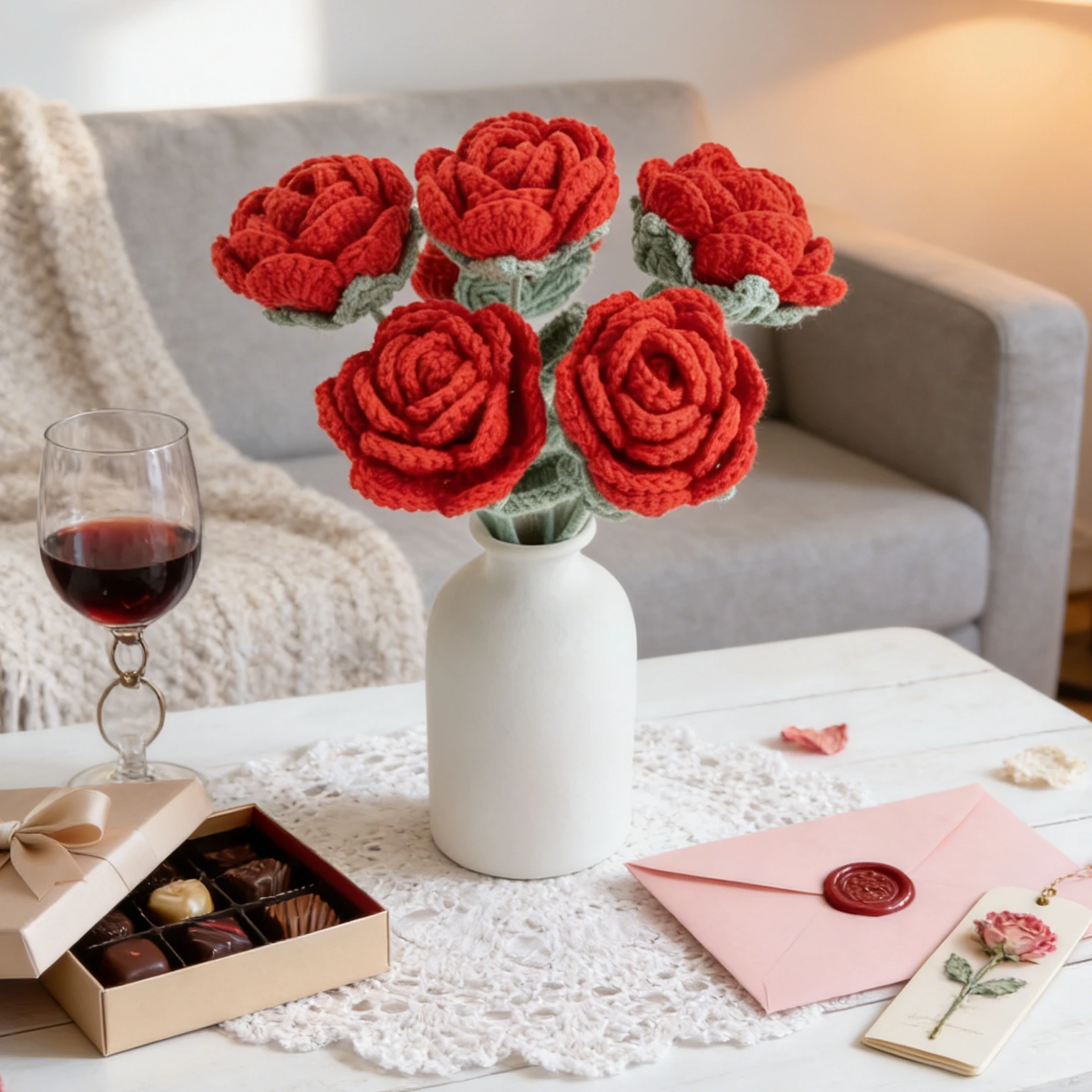 Artificial Flower High Quality Handmade Crochet Yarn Rose Outdoor Garden Valentine'Wedding Bridal Bouquet Home Room Diy Gift Box