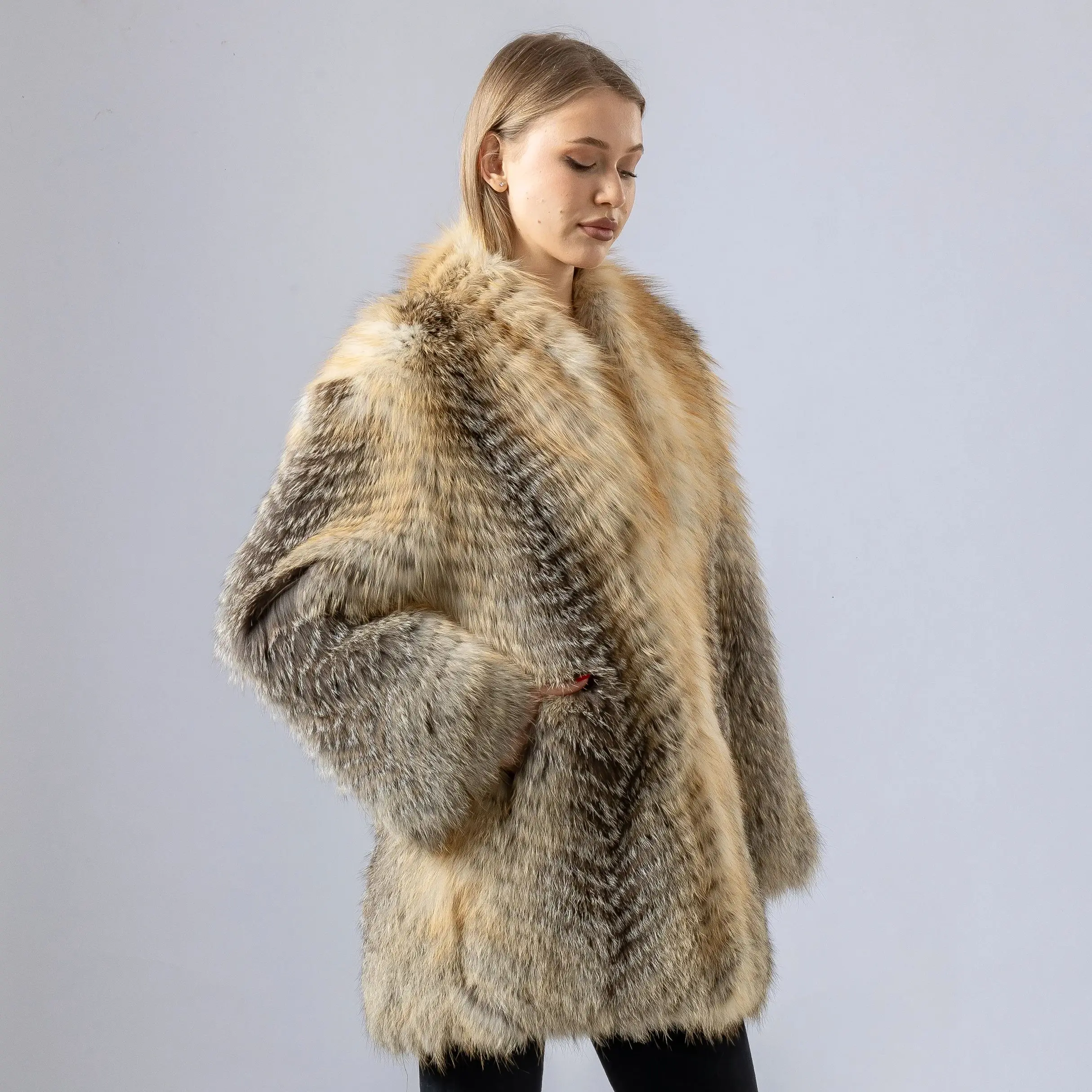 Women Real Golden Island Fox fur Coat make of fur strip sewed together for spring autumn luxury furry jacket coat length 77 cm