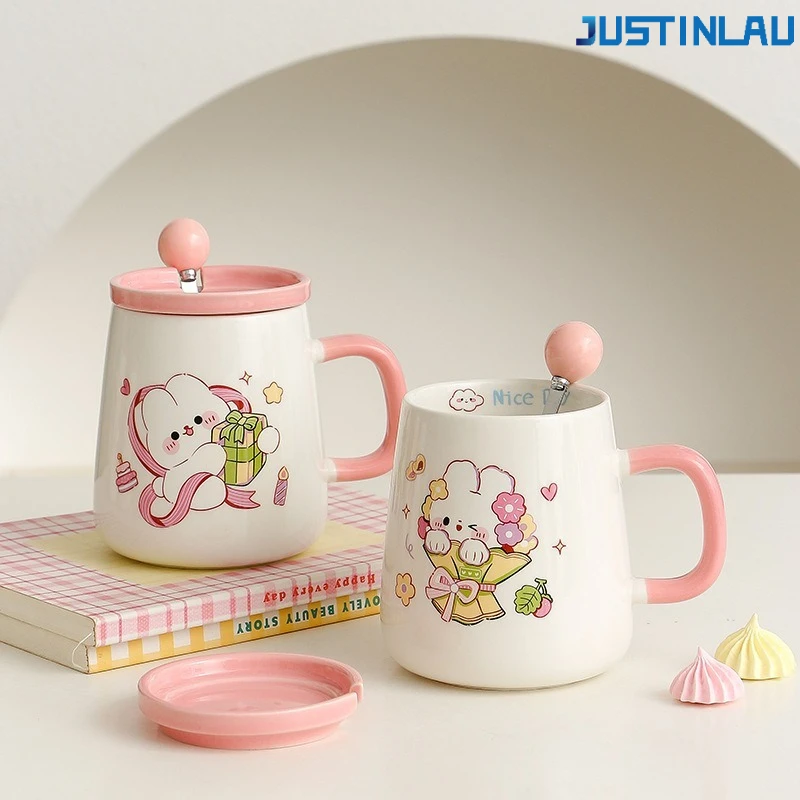 JUSTINLAU 350ML Niedliche Cartoon-Keramik-Milchtasse mit Deckel und Löffel Kaffeebecher Geeignet für den Hausgebrauch Tasse Geschenkbox-Verpackung