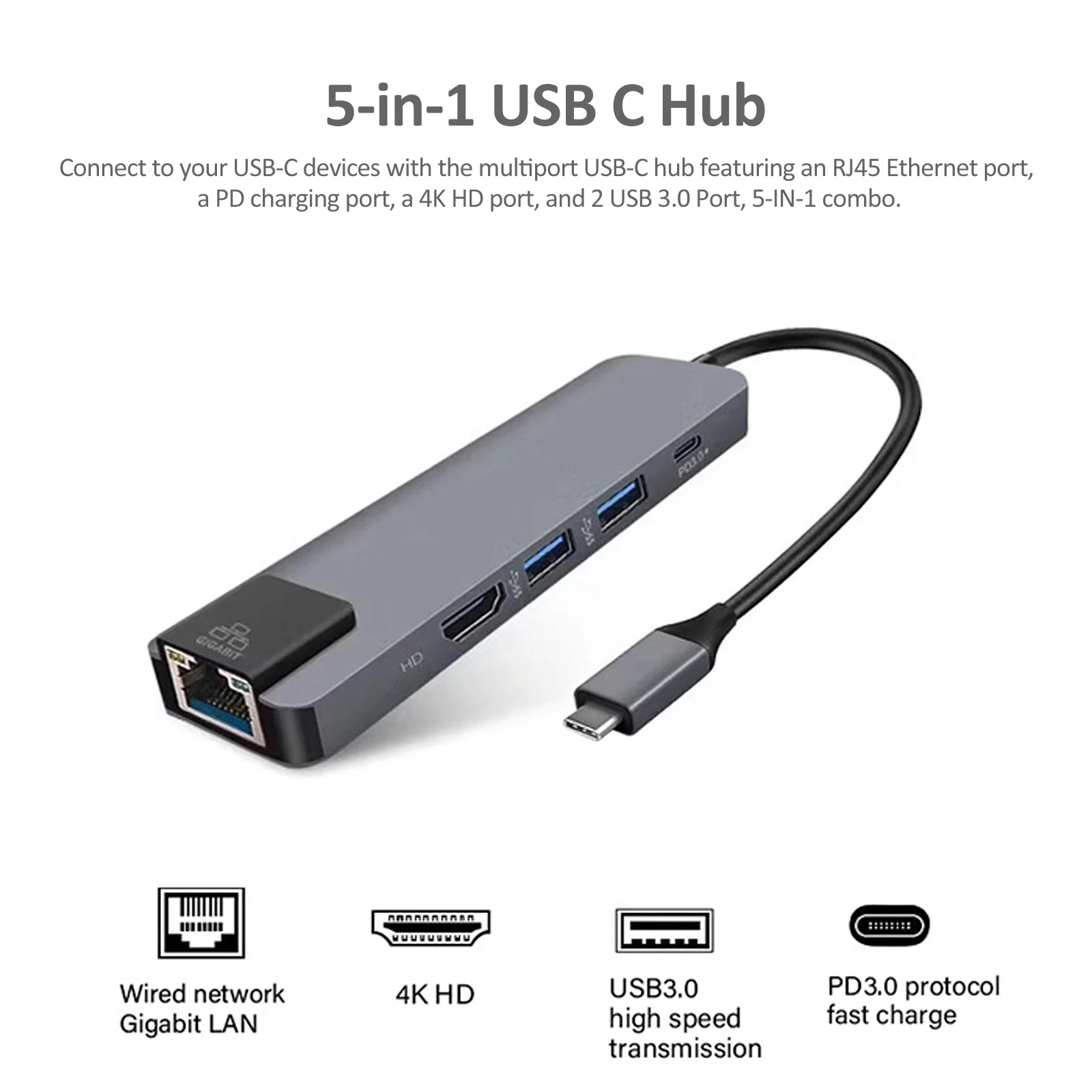 5-in-1 USB C Hub 3.0 Splitter Type C Docking Station Multiport Adapter 4K HD RJ45 Ethernet Input Port PD for MacBook iPad