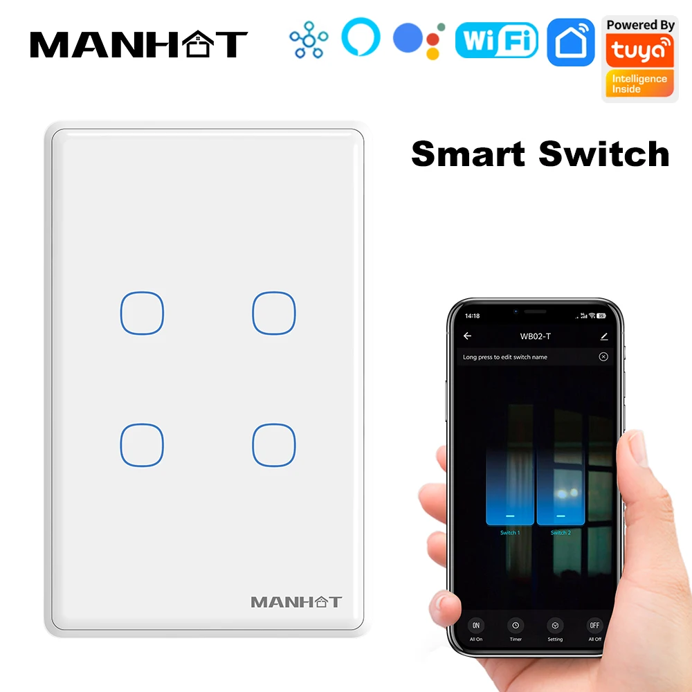 MANHOT WiFi Smart Touch Wall Switch US 1-4 Gang Compatible With Neutral/No Neutral Wire Voice APP Control For Alexa Google Home