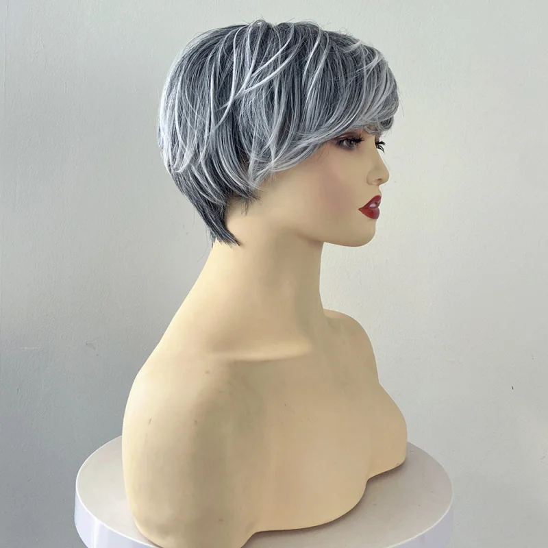 Picture 4: New European American black and white highlighted short hair for women, synthetic fiber machine-made wig