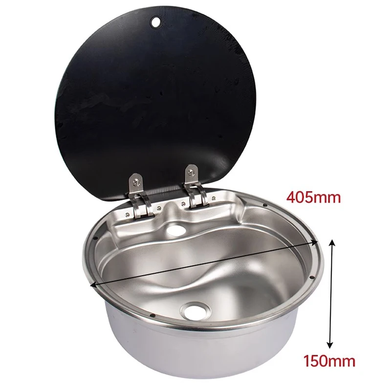 RV sink with cover kitchen washbasin vegetable sink folding flip-top single-slot stainless steel round basin