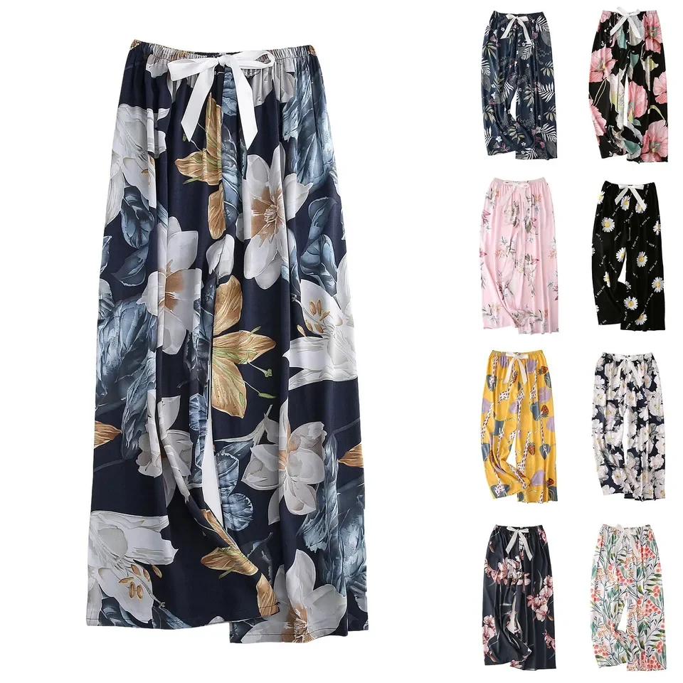 

2025 Loose Fit Stretch Work Pants Summer Cotton Silk Pajama Pants Women Thin Large Size Loose Floral Trousers свитер женский