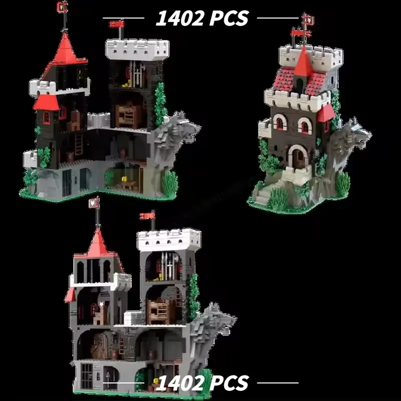 1402PCS MOC Medieval European Fortress Building Bricks, Ancient Wolf Rock Castle Modular Architecture Model Display