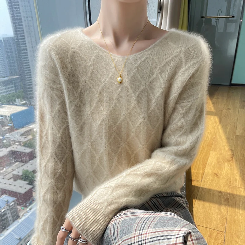 Women\'s Autumn Winter Long Sleeved Solid Color Pullover Round Neck High-Quality Jumper Top 100% Merino Wool Knitted Sweater