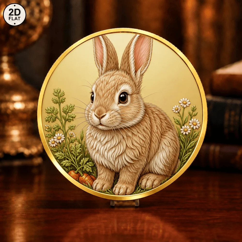 1pc Farm Animal Commemorative Coin 2D UV Print Cheerful Yellow Duckling Lovely Rabbit Wild Floral Metal Token Souvenir Gifts