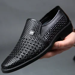 Men Shoes Summer Hollow Breathable Oxfords Man Casual Shoes Slip on Formal Dress Shoes for Man Spring Men Loafers Leather