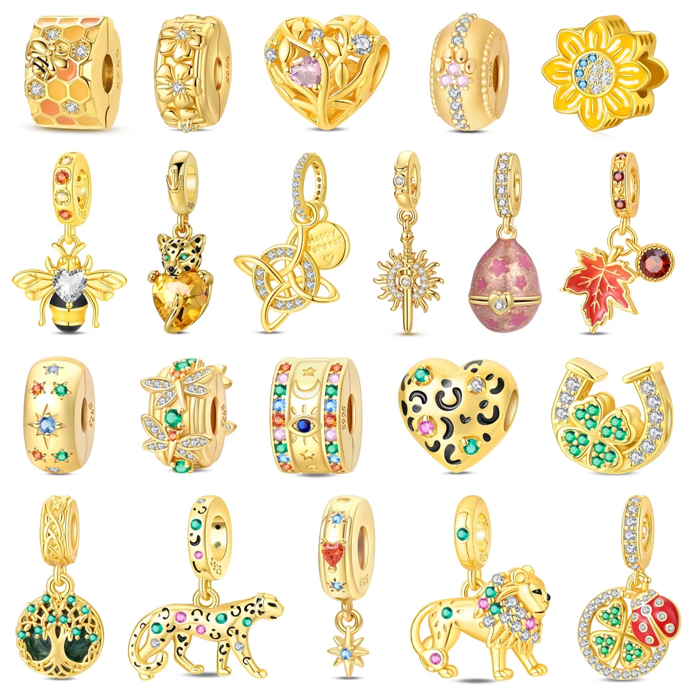 

Sparkling 925 Sterling Silver Leopard Print Heart Beads & Shiny Lion Dangle Charm Fits Boutique Bracelet Golden Pendant Gifts