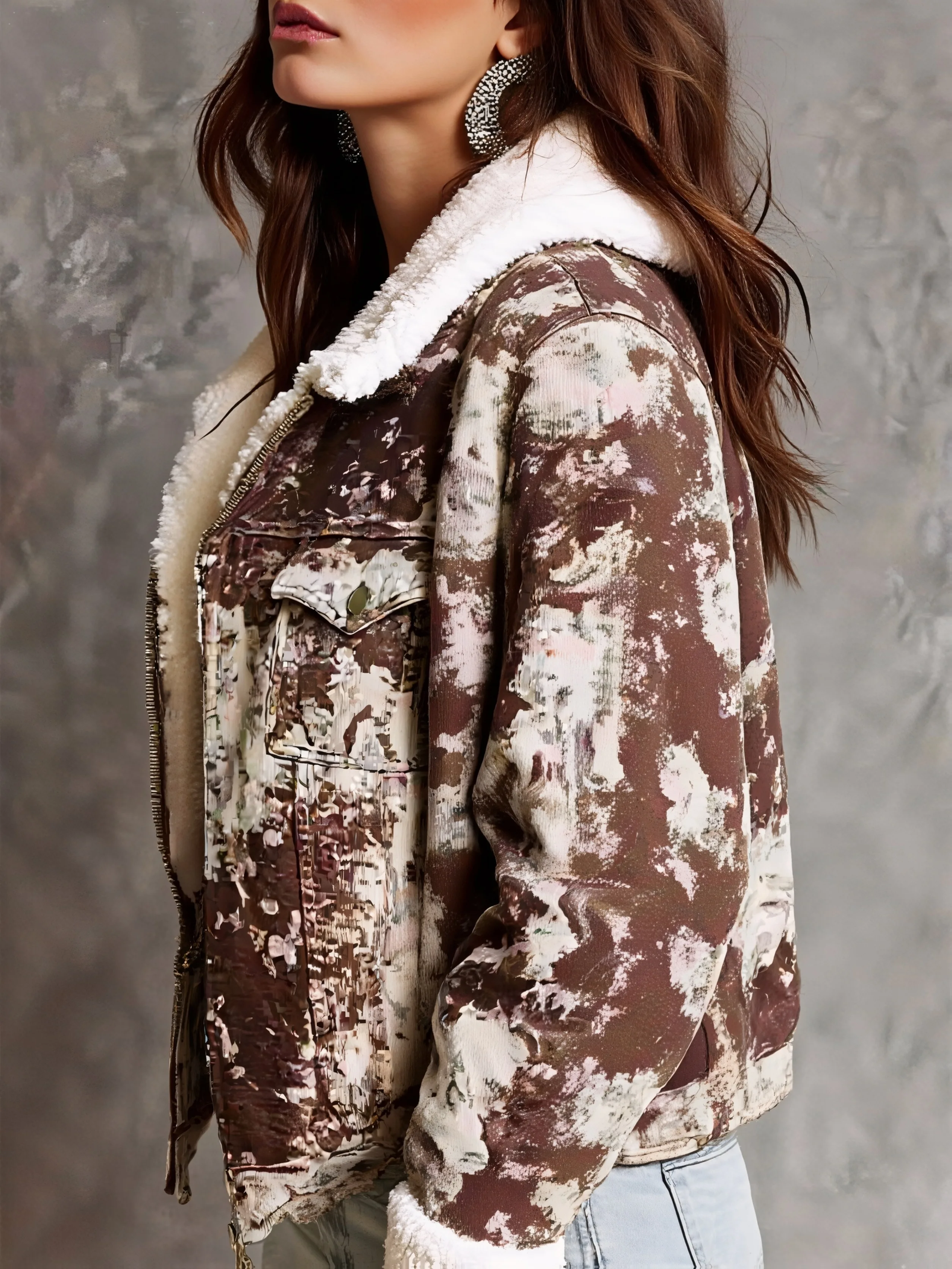 Women's Vintage Tie-Dye Corduroy Trucker Jacket, Faux Shearling Lined Cropped Zip-Up Coat with Chest Pockets
