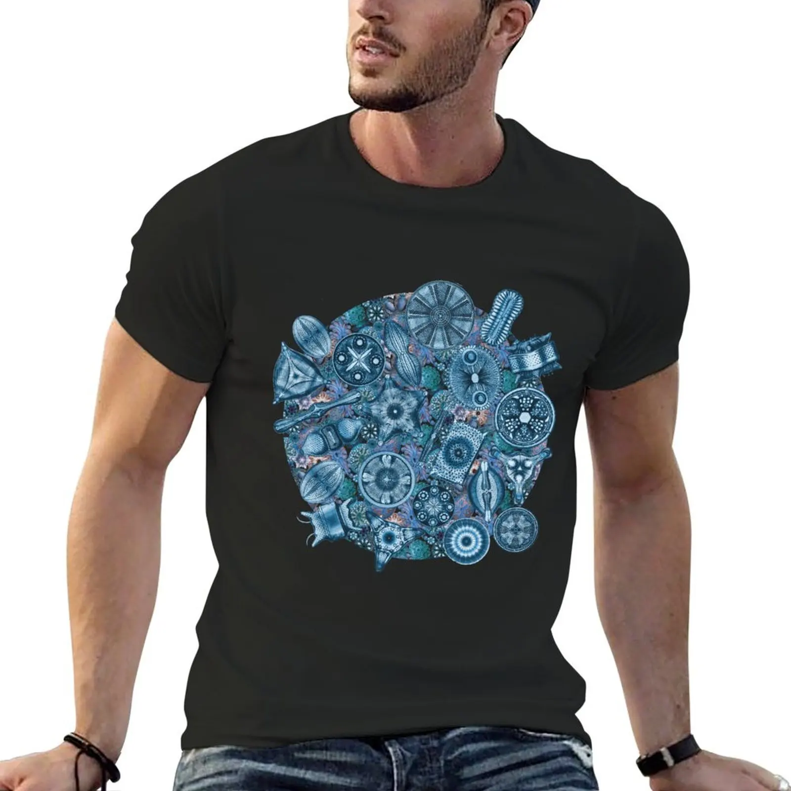 Ernst Haeckel Teal Diatoms Tossed over Sea Squirts T-Shirt animal prinfor boys baggy shirts fruit of the loom mens t shirts