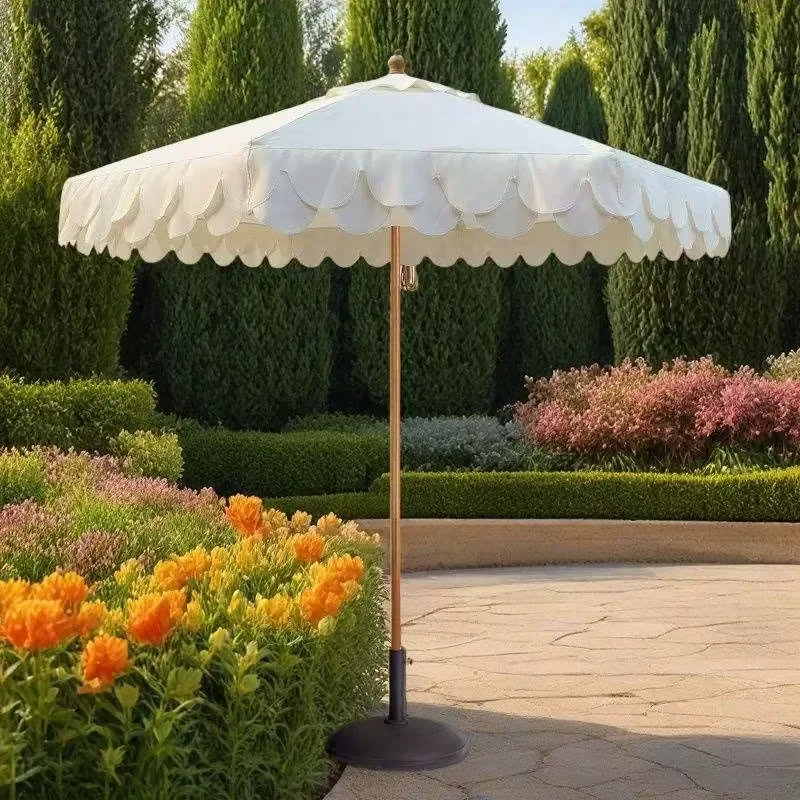 

Outdoor Furniture Wholesale Luxury Scallop-Design Outdoor Garden Beach Umbrella Custom Printed Sun Patio Umbrella Tassels