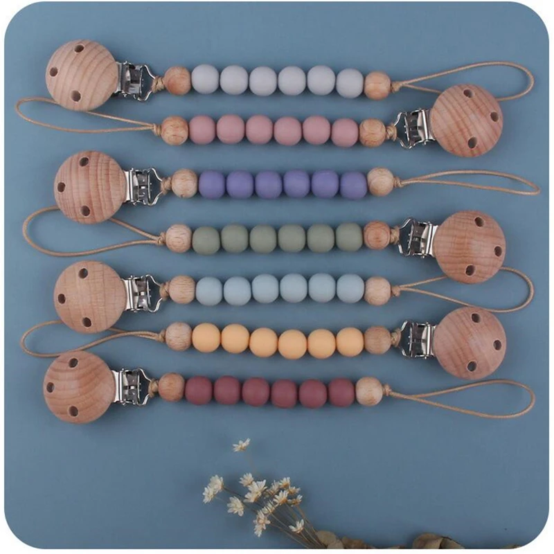 Baby Pacifier Clips Newborn Silicone Beads Wooden Pacifiers Chain Infant Nipple Appease Soother Chains Clip Dummy Nipples Holder