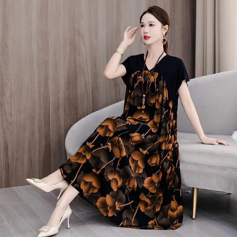 Oversized Women Clothes Office Lady Patchwork O-neck Midi Dress Ladies Fashion Printing Loose Vintage Dress Women's Floral Dress
