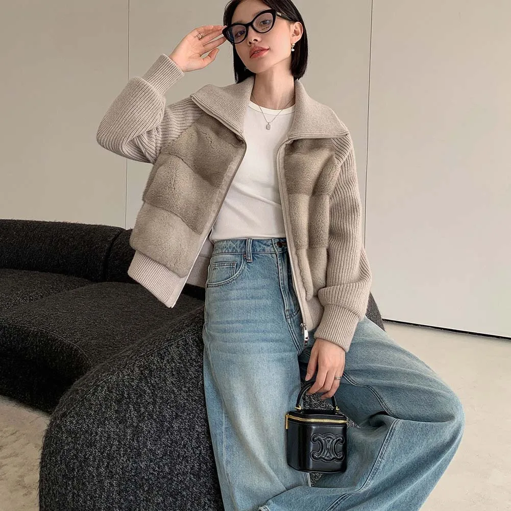 2025 invierno nueva chaqueta de piel corta de mujer de retales de manga tejida de gama alta chaqueta de piel de visón