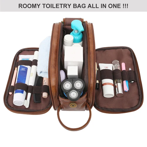 Neceser para hombre, kit Dopp de afeitado de viaje grande, organizador de artículos de tocador de baño resistente al agua, bolsas de cosméticos de cuero PU