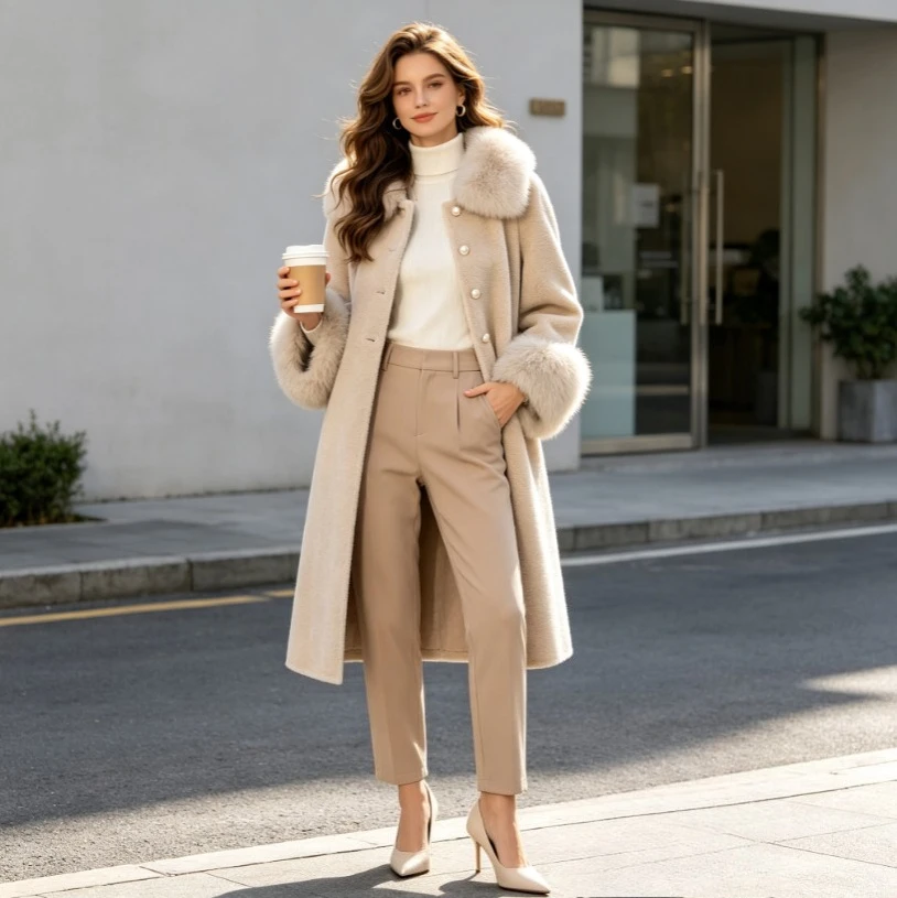 Women Jackets Faux Fur Fox Long Coats  Elegant Work Outerwear Autumn Winter Turn Down Collar Coat Thick Y2k Streetwear Jacket
