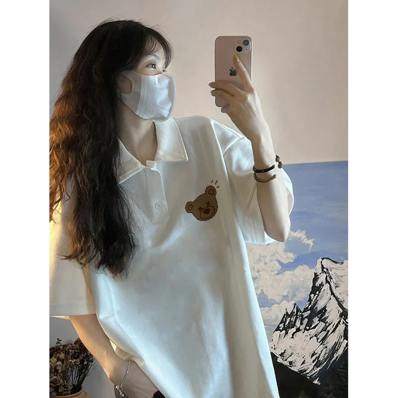 Cartoon Print Polo Shirts Short Sleeve 100% Cotton Y2K Cute Women Tshirt Summer Harajuku Preppy Style Oversized Tops T Shirts
