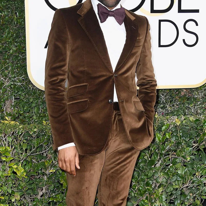 

Formal Brown Velvet 2 Piece Men's Tuxedo Groom Suit with Notch Lapel Two Buttons Blazer And Pants Set for Wedding Prom Business