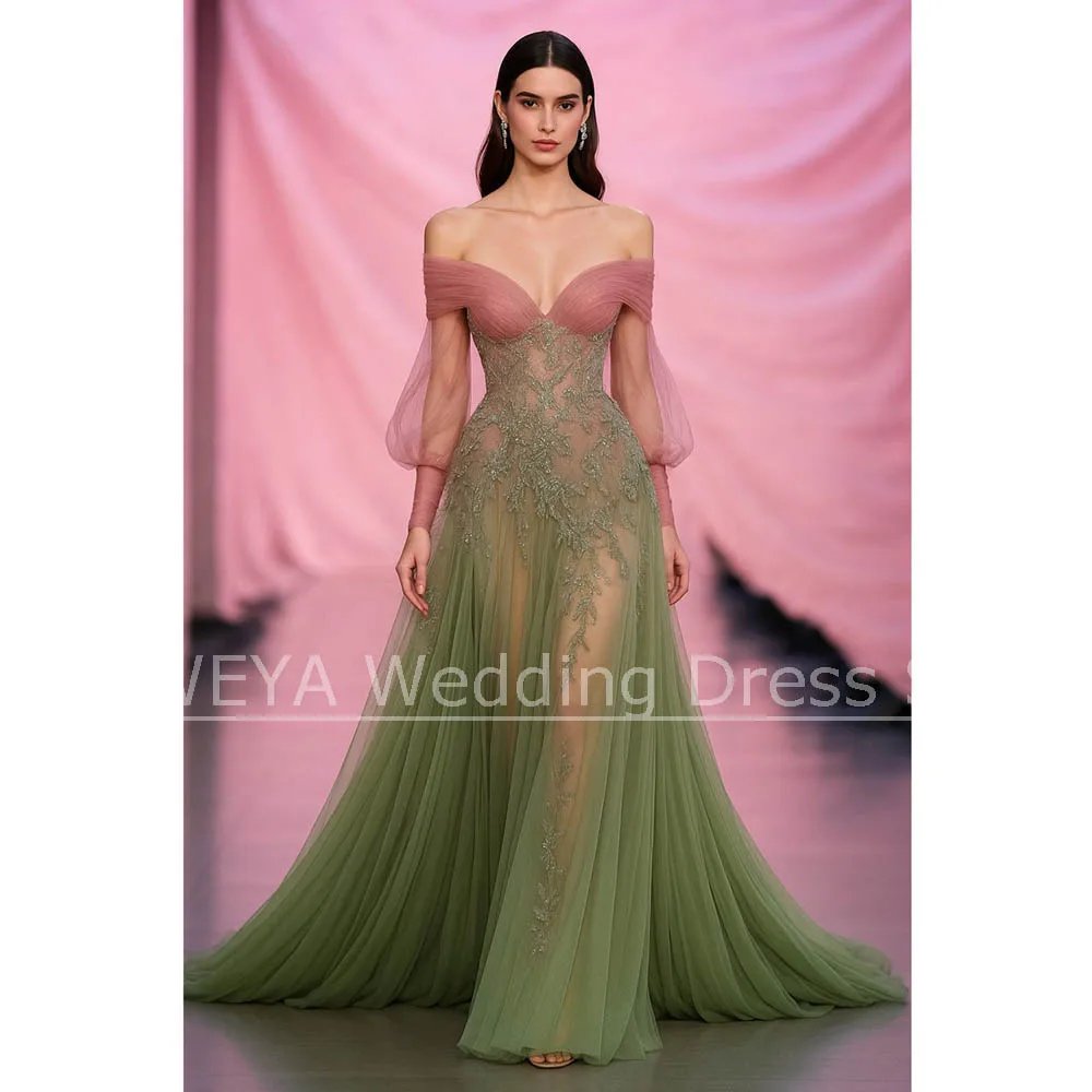 فستان نسائي أنيق مكشوف الكتفين للحفلات الراقصة أنيق مزين بالدانتيل من التول فستان رسمي للحفلات موضة سويب تراين فستان سهرة #2