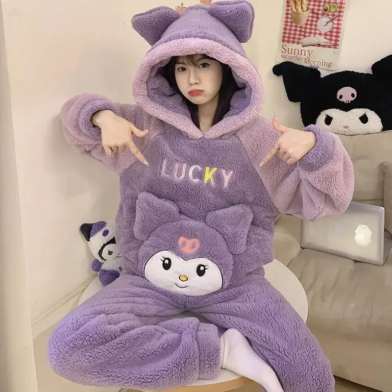 New Autumn Winter Sanrios My Melody Coral Velvet Pajamas Women Kuromi Cinnamoroll Thicken Hooded Cartoon Cute Home Clothes Suit