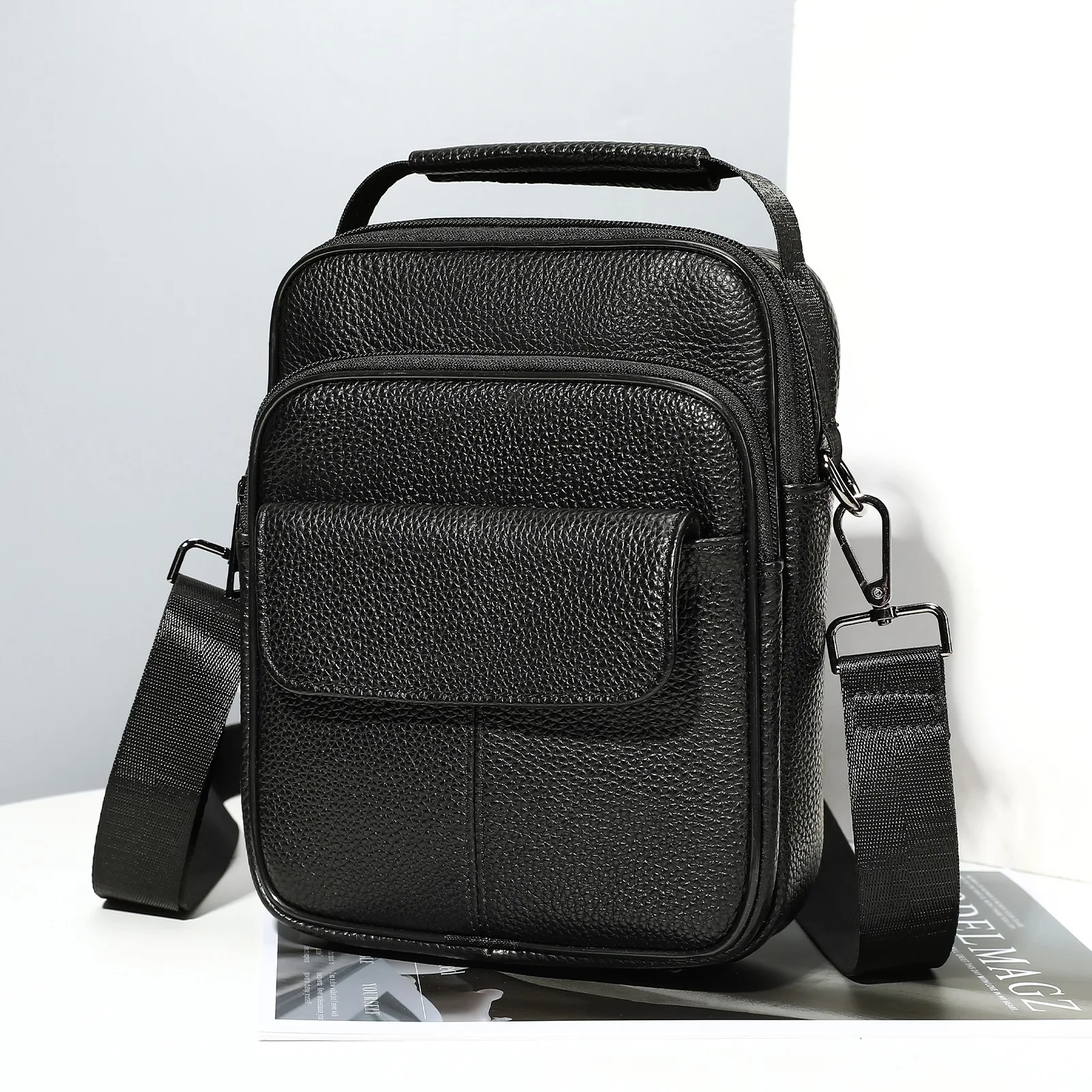 Men Genuine Leather Vertical Shoulder Bag Male Top Handle Crossbody Bag Cowhide Business Messenger Sling Pack For Man Handbag