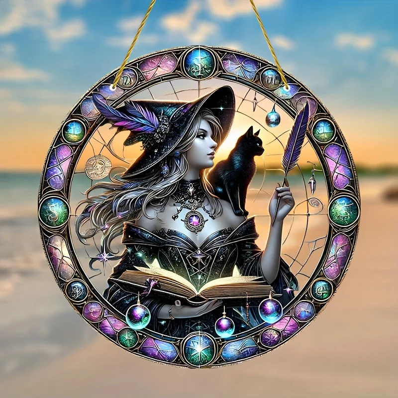 

1 шт., Хэллоуин, ведьма, кошка, Ловец солнца - 2D акриловый витраж, подвесной декор