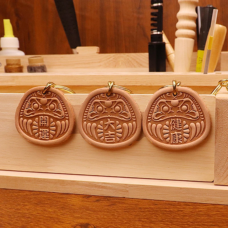 Dharma Key Chain Genuine Leather Cowhide Pendant Peaceful Greetings Bliss Fortune Luck Bag Charm Gift for Friends Accessories