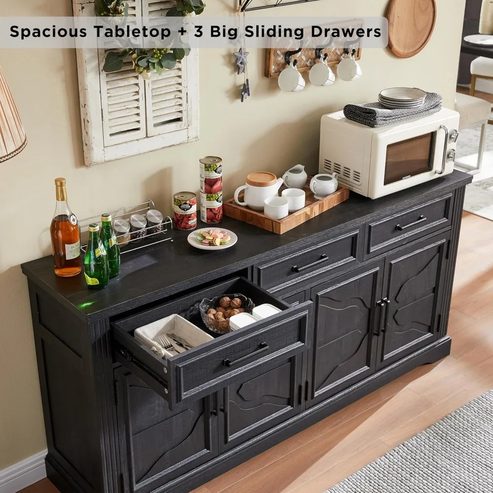 66" Large Buffet Sideboard Cabinet with 4 Doors and 3 Drawers, Buffet Table Coffee Bar Wine Bar Storage Cabinet for