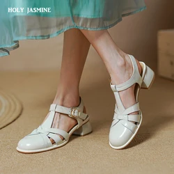 2022 New Simple Buckle Genuine Leather Sandals Women Round 4cm High Heels Shoes Summer Ladies Retro Dress Shoes Women Sandals