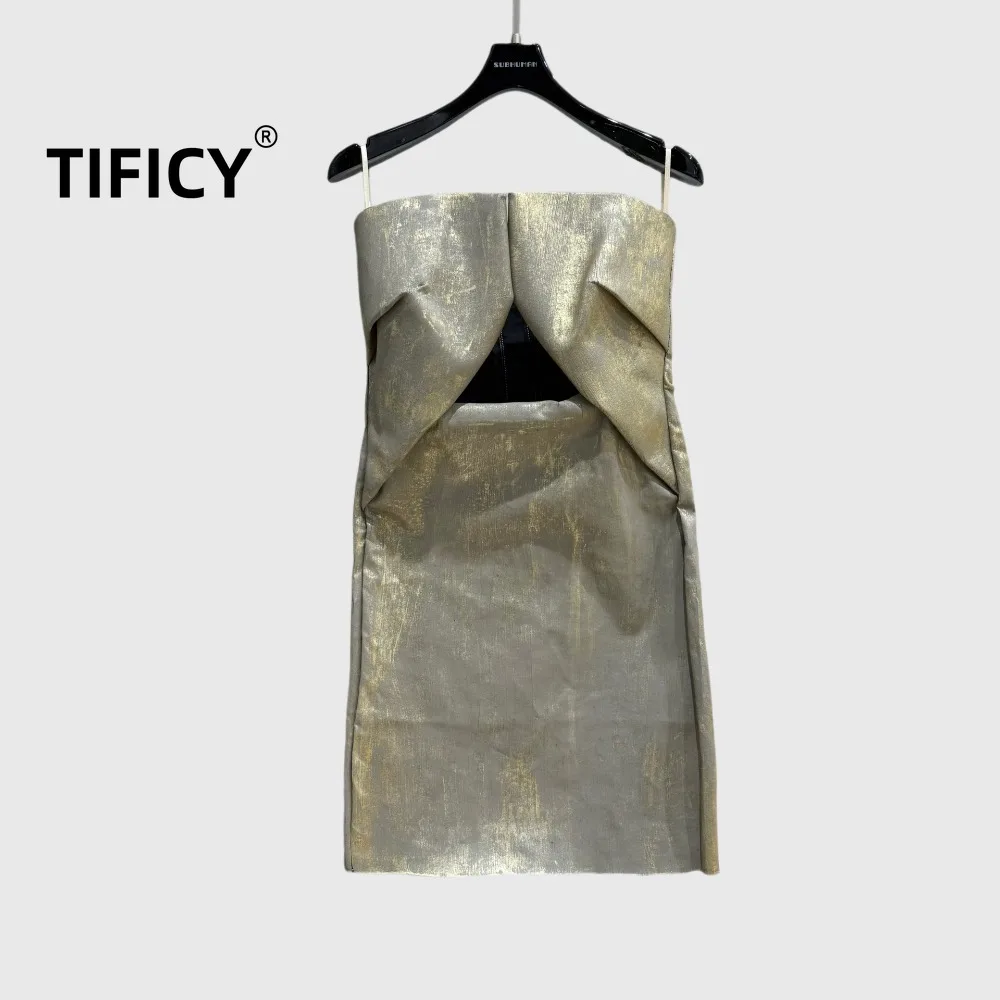 

High Street Dresses Women's Metallic Glossy Textured Camisole Hollowed Out Cutting and Fashionable Strapless Dress