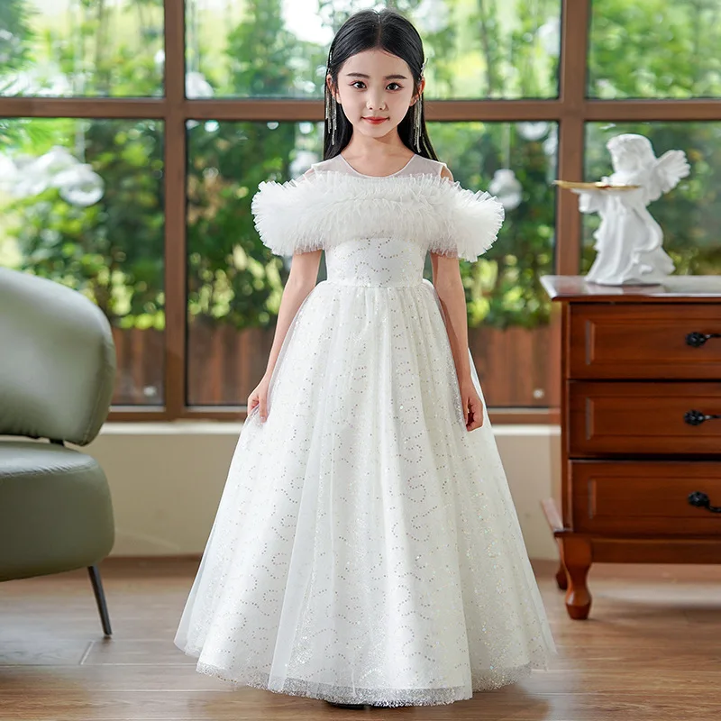 

Little Girls Evening Gown Off Shoulder Elegant Feather Teenage Girls Cocktail Long Dress Kids Model Performance Dresses White