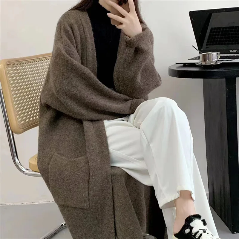 Women Solid Color Loose Thick Warm Sweater Pocket Ladies Spring Autumn V Neck Knitted Coat Female Casual Tops E2679