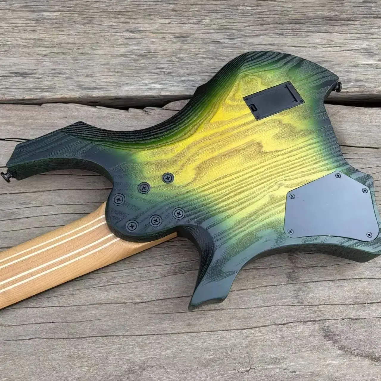 7 String Headless Electric Guitar Green fades Yellow Burl Maple Fanned Frets Active Pickups 9 Piece Neck Stainless Steel Frets