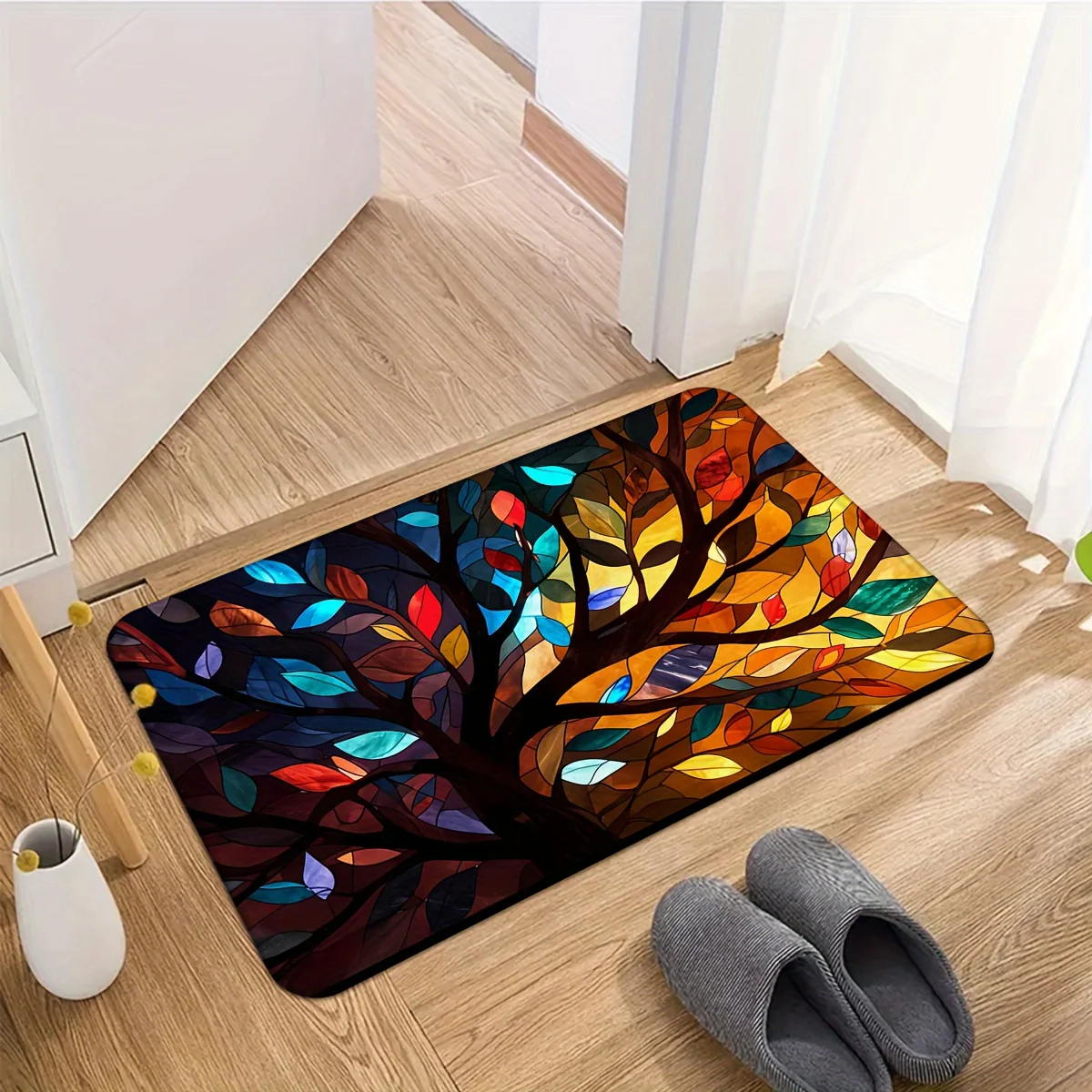 1pc 2D Flat Stained Glass Tree Colorful Leaves Flannel Door Mat Non Slip Artistic Rug For Entryway Living Room Floor