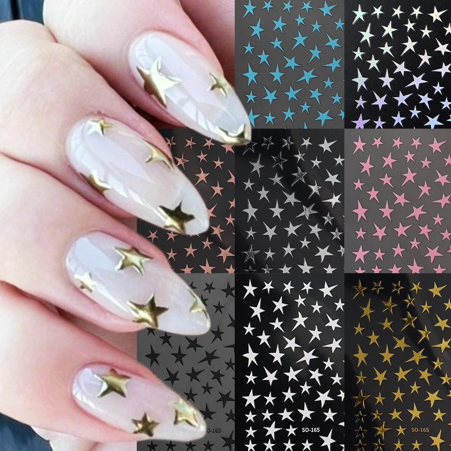 Y2k Pentagramm-Nagelaufkleber mit Silber-Gold-Schwarz-Weiß-Stern-Designs Spiegel-Hot-Stamping-Stern-Slider-Nagelsticker DIY