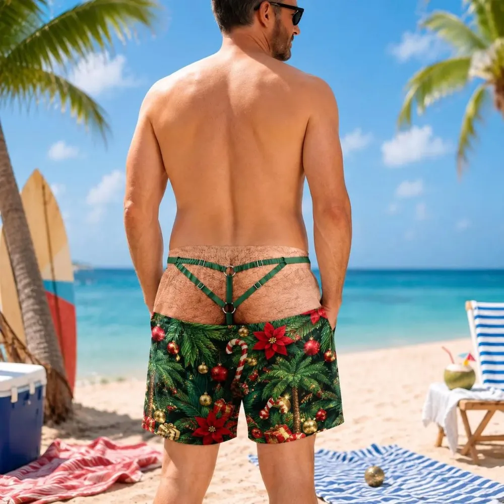 Men's fun openwork beach shorts, Christmas rubber duck and koi print, drawstring quick-drying swim trunks, unique design.