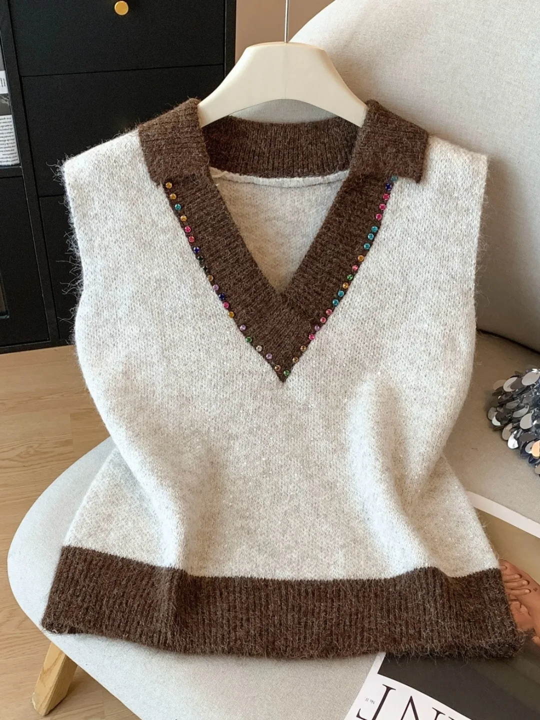 

Вязаный жилет с ромбовидной вставкой, женская майка с воротником-стойкой на осень и зиму, многослойный самосохраняющийся слэ