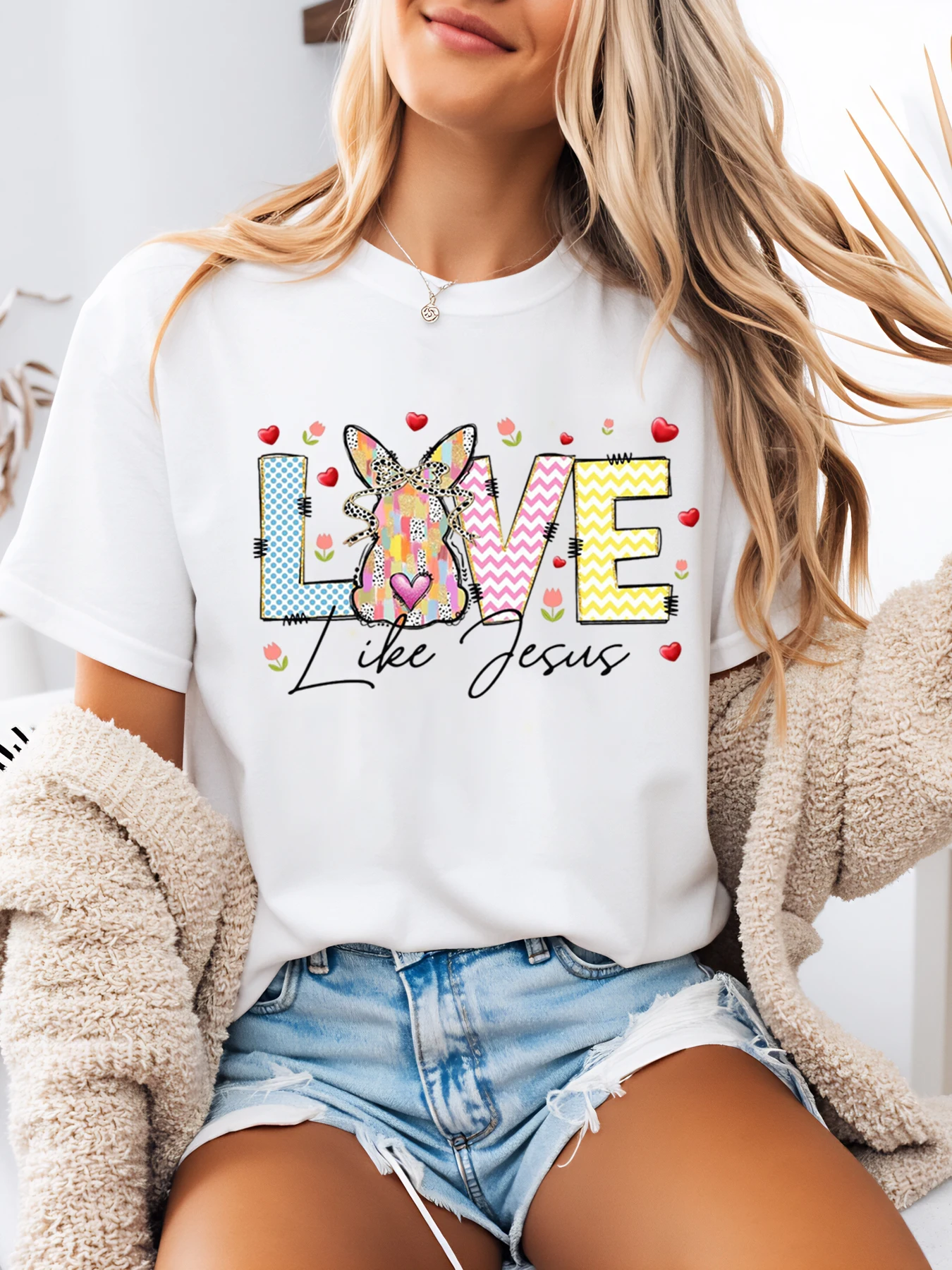 Amor como jesus coelhinho da páscoa padrão t camisa feminina casual primavera roupa branca plus size